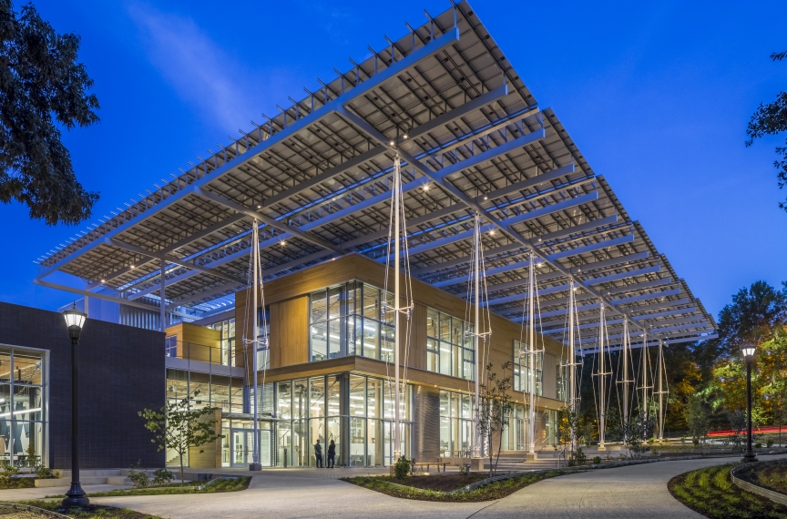 The Kendeda Building's solar canopy creates a front porch for the building. Photo Credit: Jonathan Hillyer.