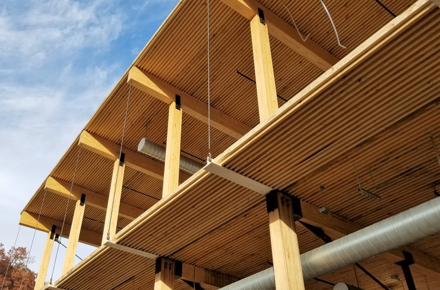The Kendeda Building used mass timber as the primary structural element because of its low embodied carbon pollution and its beauty.