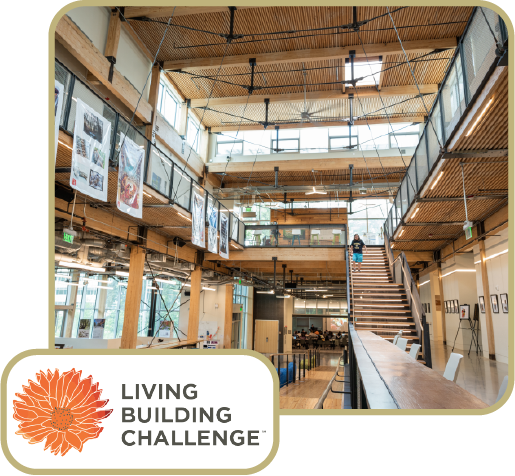 image of the interior of Kendeda and the living building challenge logo
