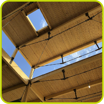 Timber making a unqiue shape against the blue sky at Kendeda, photo courtesy of Miller Hull Partnership