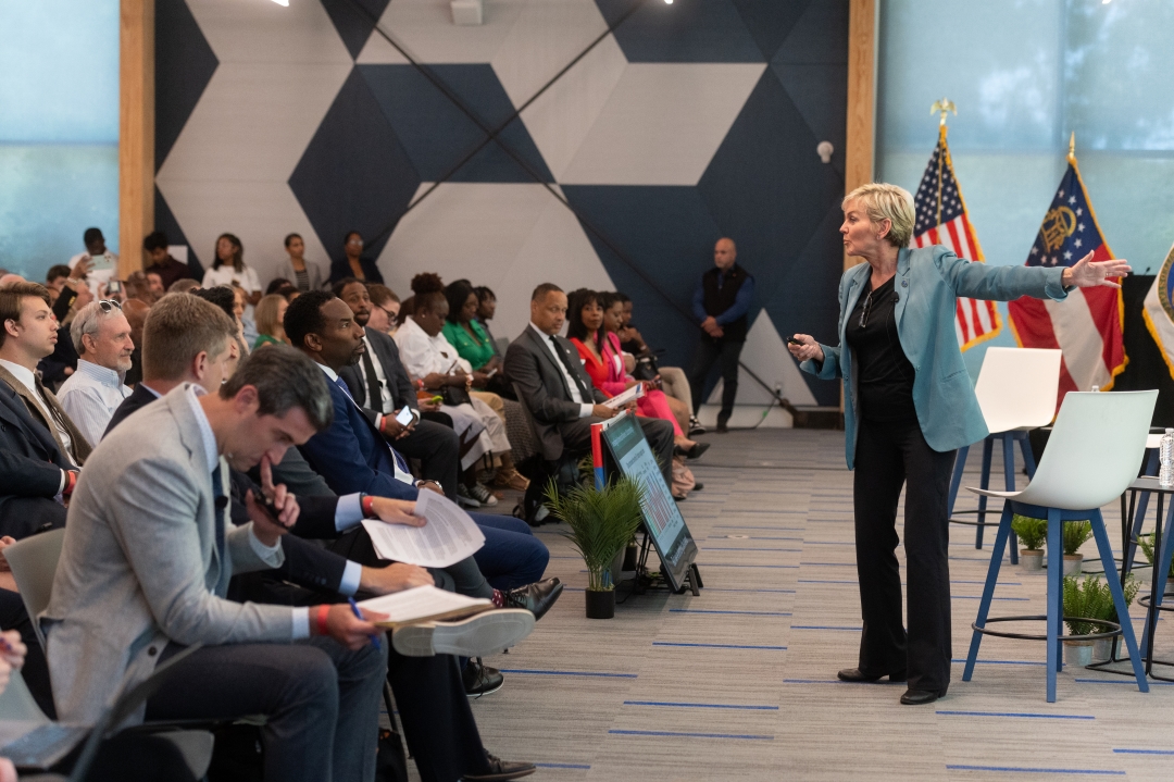 Atlanta Mayor Andre Dickens and others at U.S. Sec. of Energy Jennifer Granholm’s Clean Energy Town Hall at The Kendeda Building.