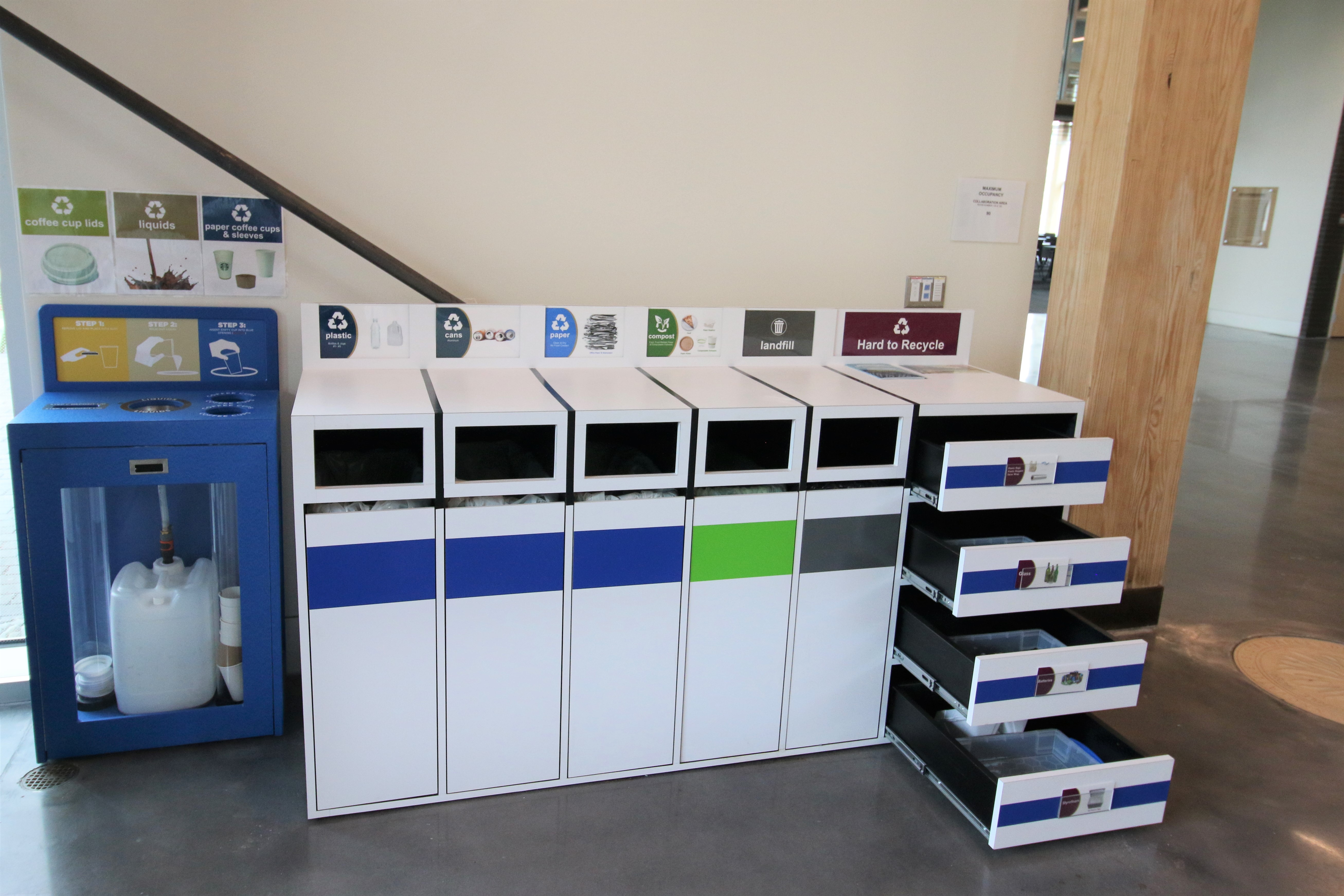 The coffee recycling station alongside one of the indoor materials management stations. The drawers can be extended to place designated hard-to-recycle products.