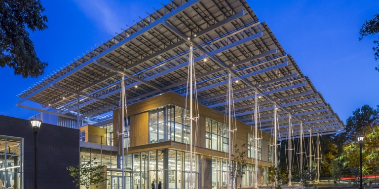 The Kendeda Building's solar canopy creates a front porch for the building. Photo Credit: Jonathan Hillyer.