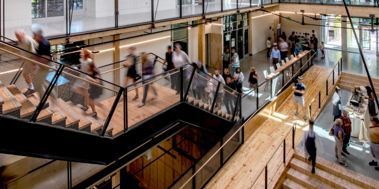 The building's ramp is intentionally in the center of the atrium, providing easy access for all people.