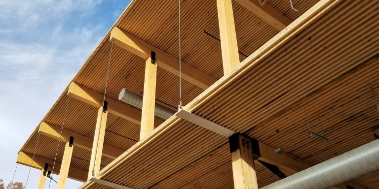 Mass timber The Kendeda Building used mass timber as the primary structural element because of its low embodied carbon pollution and its beauty.