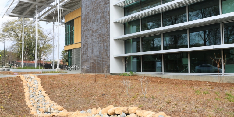 During heavy rainfall events, bioswales fill with water that slowly infiltrates into the ground for groundwater recharge.