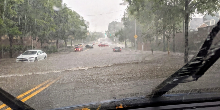 A flooded portion of Atlanta's North Avenue during a thunderstorm.