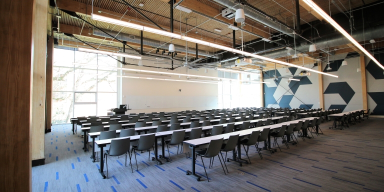 The 176-person auditorium configured in classroom layout.