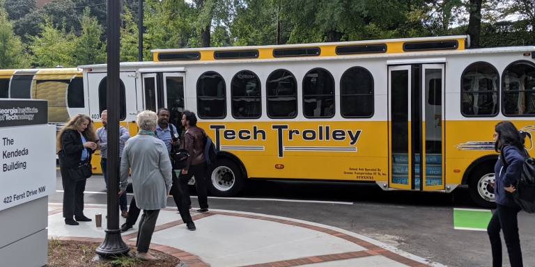 There is a bus stop directly in front of The Kendeda Building.