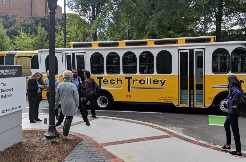 There is a bus stop directly in front of The Kendeda Building.