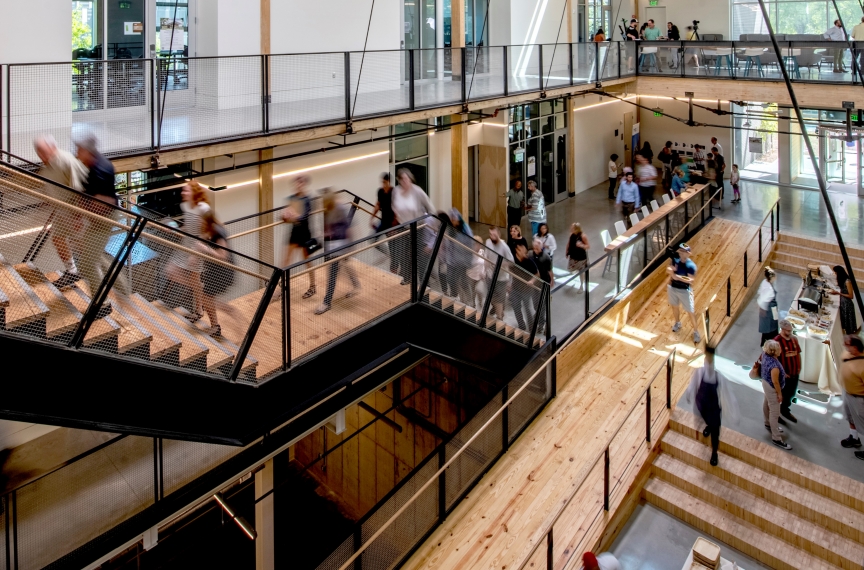 The building's ramp is intentionally in the center of the atrium, providing easy access for all people.