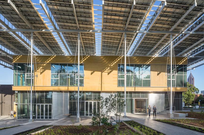 Image showing the porch of the Kendeda Building with all of the solar pannels and roof above it