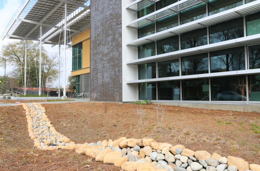 During heavy rainfall events, bioswales fill with water that slowly infiltrates into the ground for groundwater recharge.