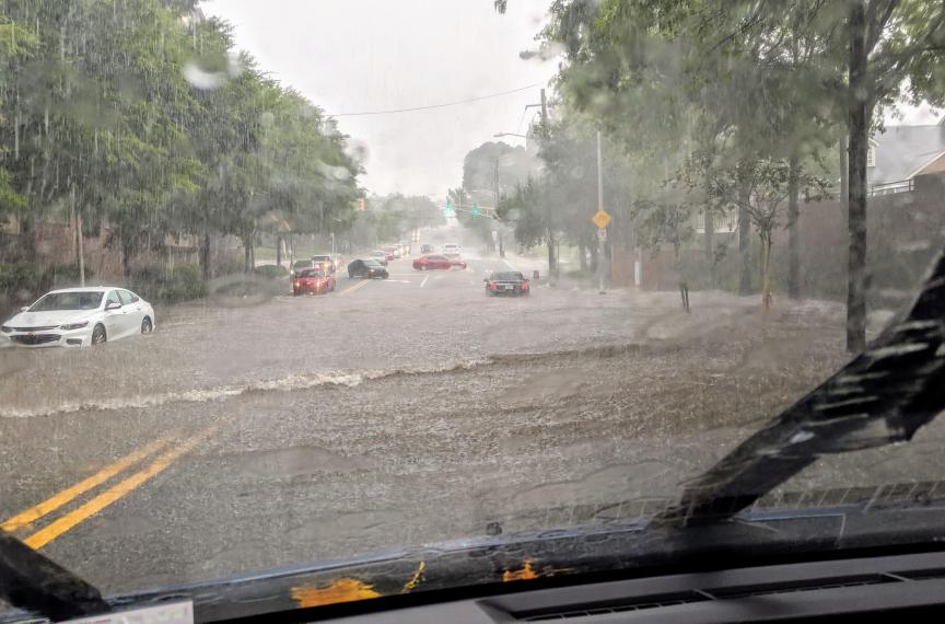 A flooded portion of Atlanta's North Avenue during a thunderstorm.